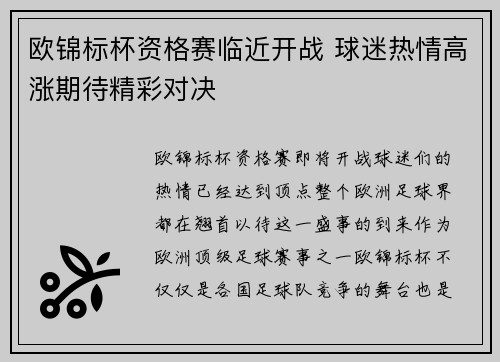 欧锦标杯资格赛临近开战 球迷热情高涨期待精彩对决