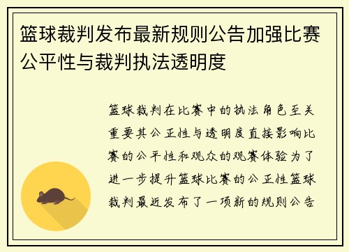 篮球裁判发布最新规则公告加强比赛公平性与裁判执法透明度
