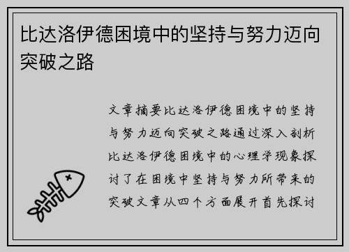 比达洛伊德困境中的坚持与努力迈向突破之路
