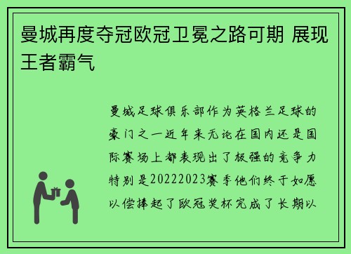 曼城再度夺冠欧冠卫冕之路可期 展现王者霸气
