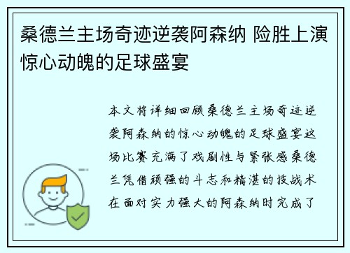 桑德兰主场奇迹逆袭阿森纳 险胜上演惊心动魄的足球盛宴