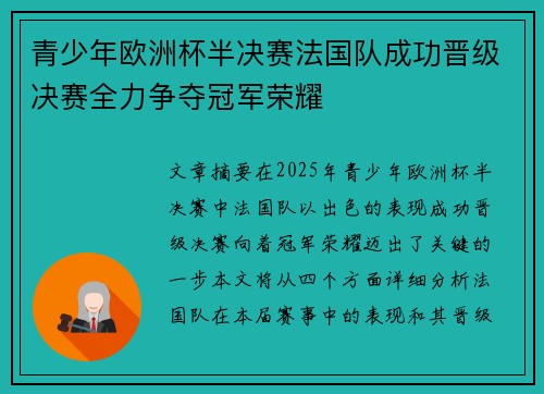 青少年欧洲杯半决赛法国队成功晋级决赛全力争夺冠军荣耀